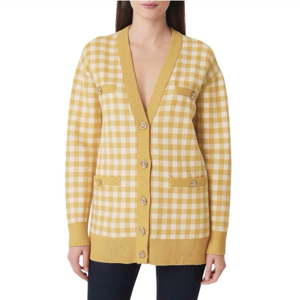 Joie Oversized Gingham Plaid Boyfriend Lion Cardigan Yellow Mustard Size Large